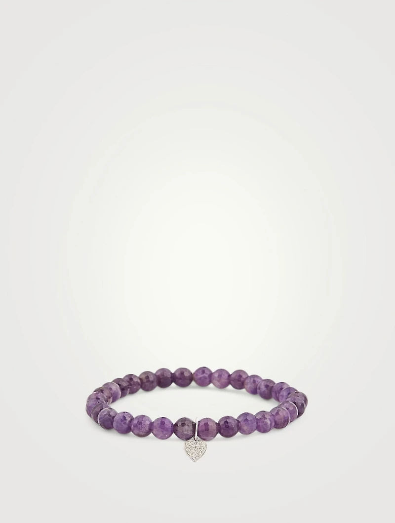 Amethyst Beaded Bracelet With 14K White Gold Diamond Playing Card Heart Charm