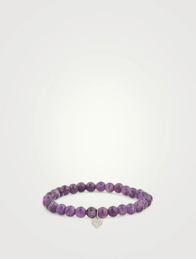 Amethyst Beaded Bracelet With 14K White Gold Diamond Playing Card Heart Charm