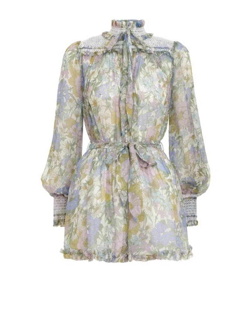 Super Eight Silk Long-Sleeve Romper Floral Print