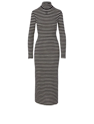 Cotton High-Neck Midi Dress Striped Print