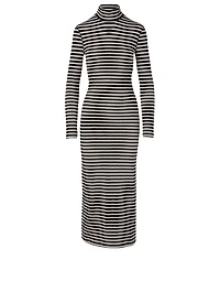 Cotton High-Neck Midi Dress Striped Print