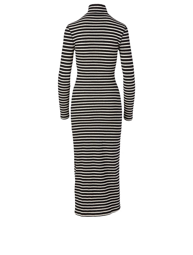 Cotton High-Neck Midi Dress Striped Print