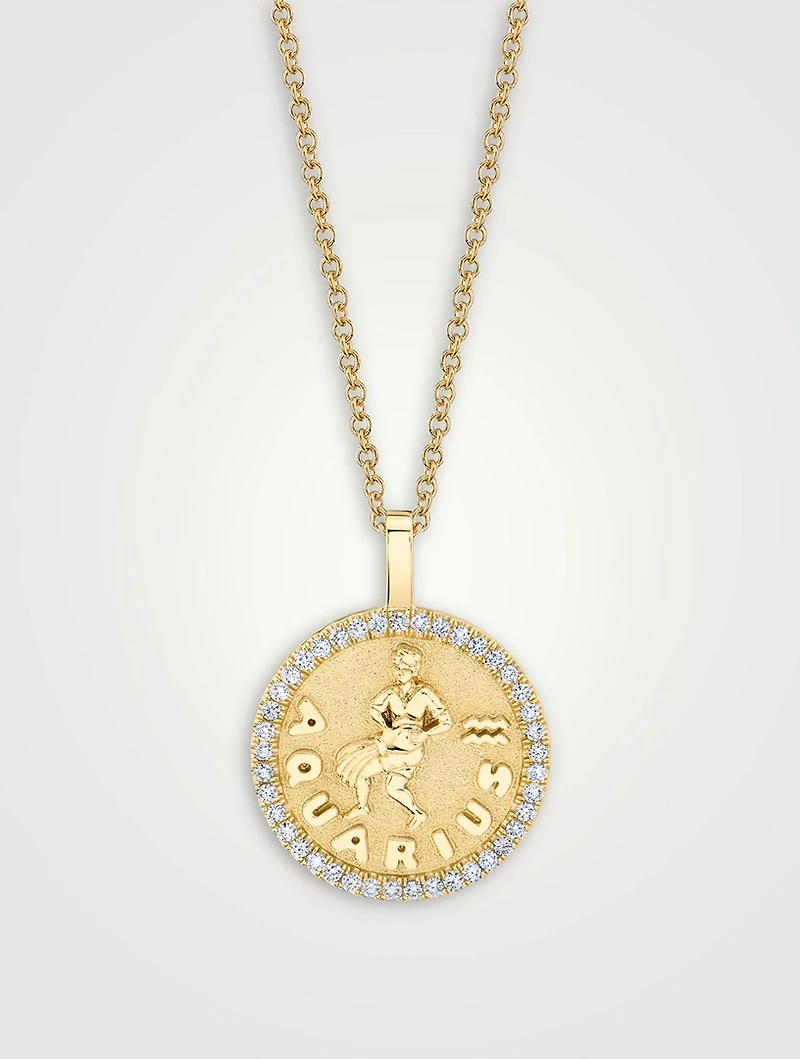 18K Gold Zodiac Aquarius Coin Pendant Necklace With Diamonds