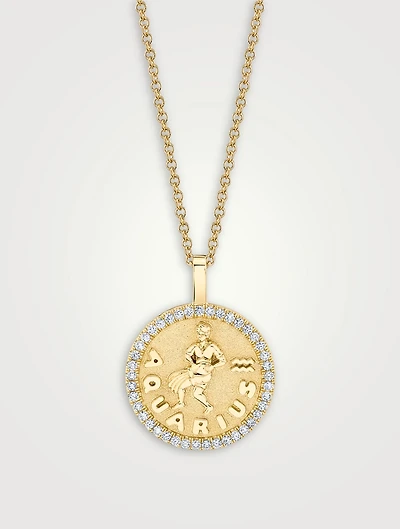18K Gold Zodiac Aquarius Coin Pendant Necklace With Diamonds