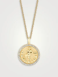 18K Gold Zodiac Aquarius Coin Pendant Necklace With Diamonds