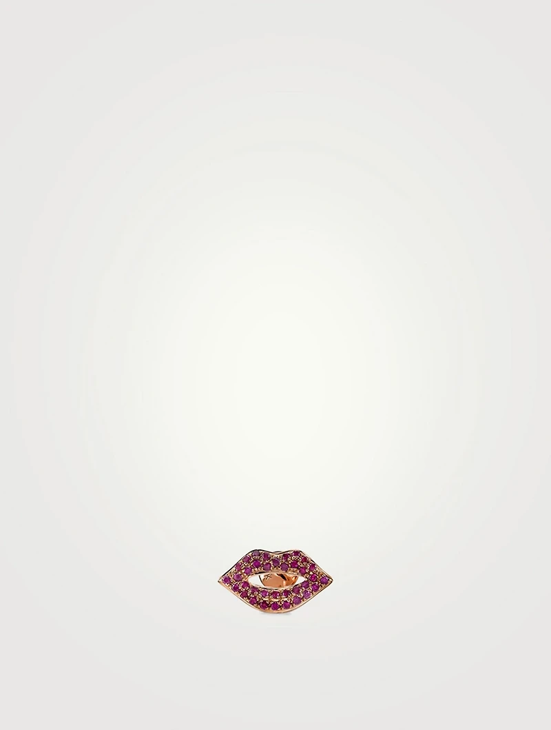 14K Rose Gold Lip Stud Earring With Rubies