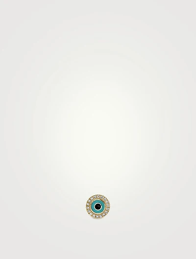 Small 14K Gold Enamel Evil Eye Disc Stud Earring With Diamonds