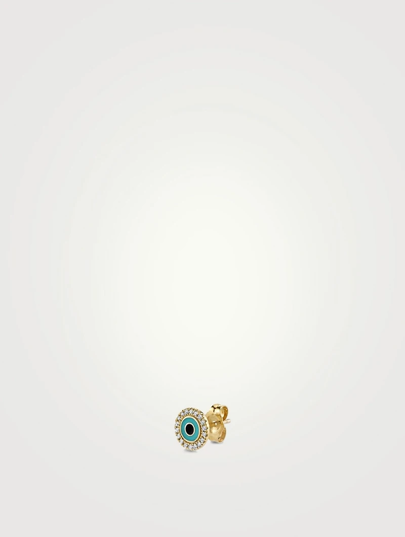 Small 14K Gold Enamel Evil Eye Disc Stud Earring With Diamonds