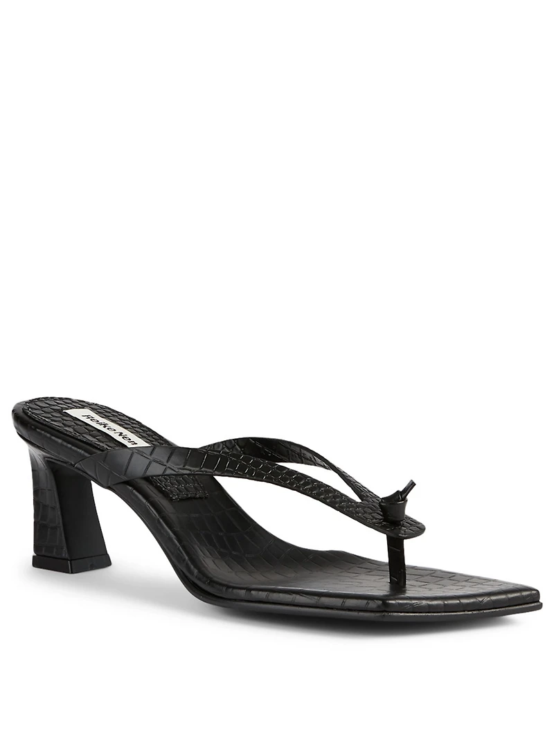 Flip-Flop Croc-Embossed Leather Heeled Thong Sandals