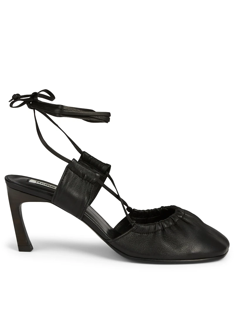 Toe Shirring Leather Ankle-Tie Pumps