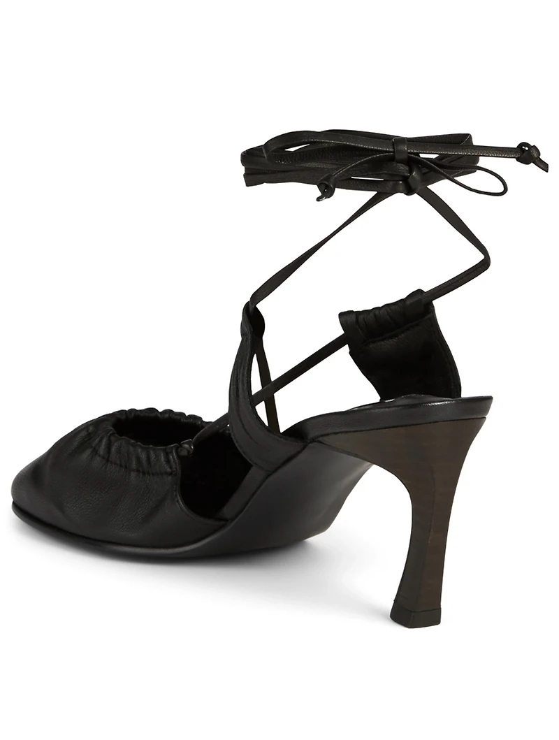 Toe Shirring Leather Ankle-Tie Pumps