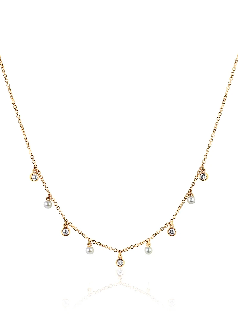 14K Gold Diamond Bezel Necklace With Pearls And Diamonds