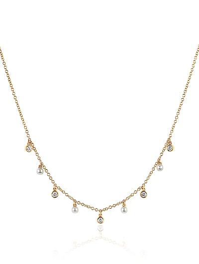 14K Gold Diamond Bezel Necklace With Pearls And Diamonds
