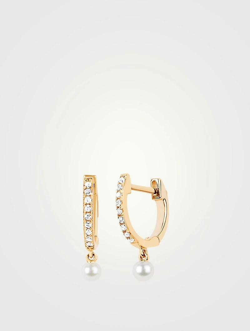Mini 14K Gold Huggie Hoop Earrings With Diamonds And Pearls
