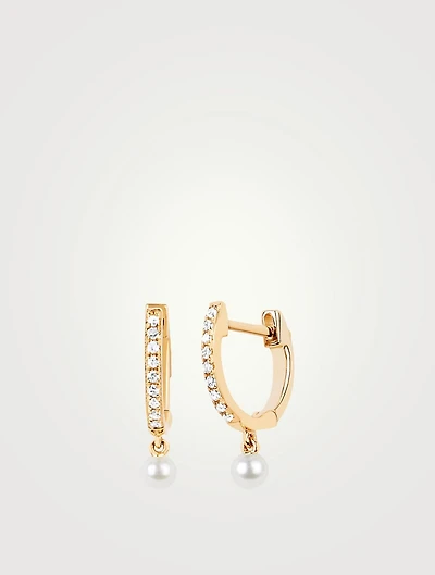 Mini 14K Gold Huggie Hoop Earrings With Diamonds And Pearls