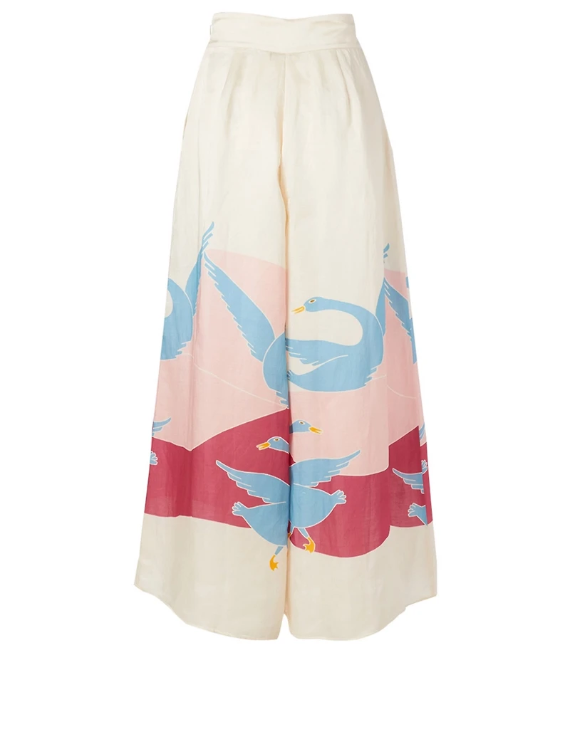 Satin And Linen Palazzo Pants Bird Print