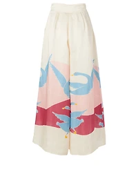 Satin And Linen Palazzo Pants Bird Print