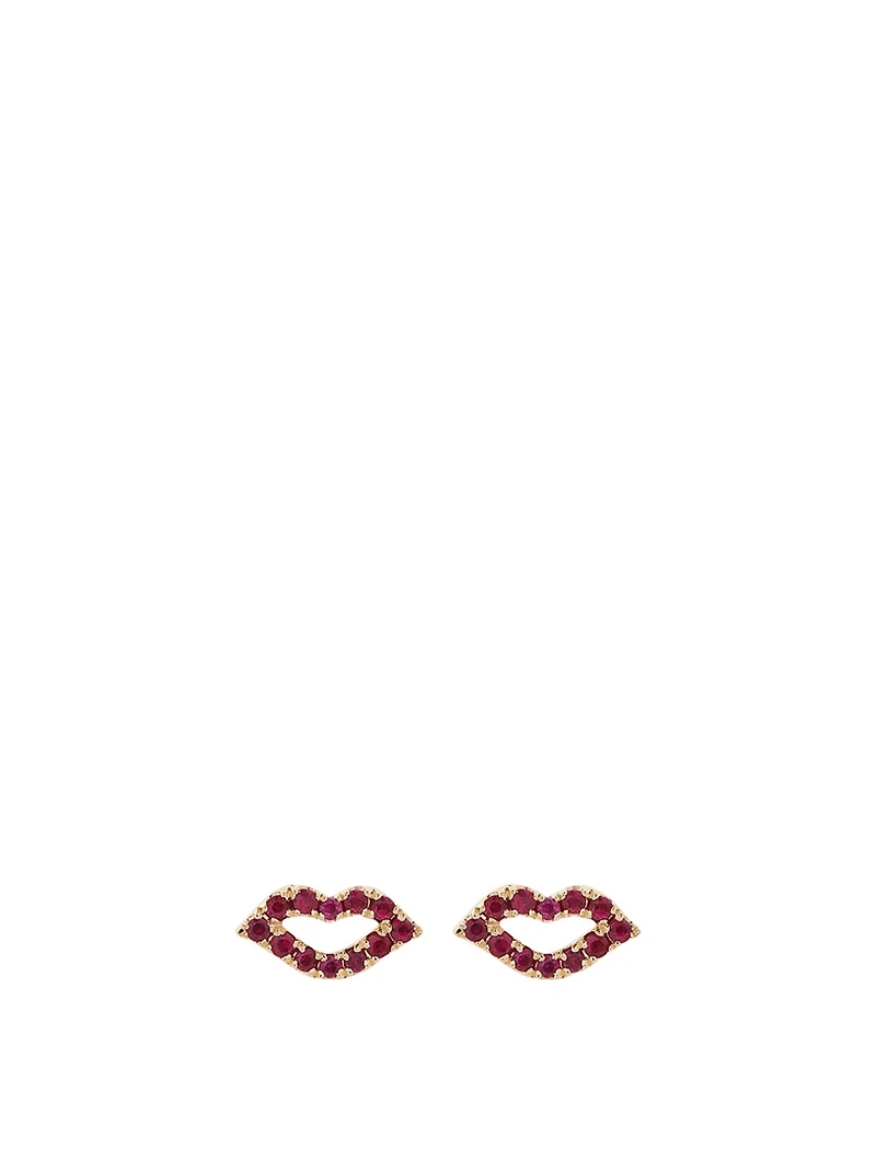 14K Gold Kiss Stud Earrings With Rubies