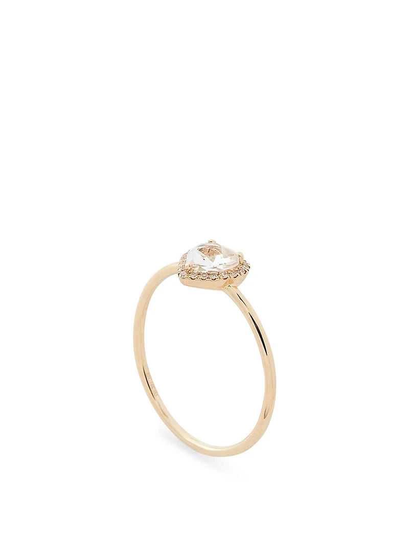 14K Gold White Topaz Heart Ring With Diamonds