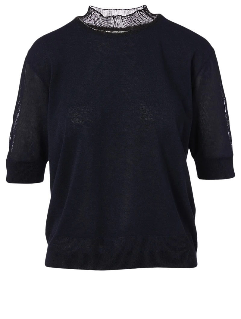 Sheer-Neck Short-Sleeve Sweater