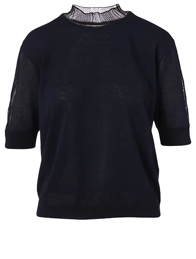 Sheer-Neck Short-Sleeve Sweater