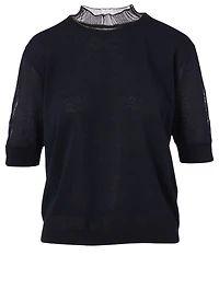 Sheer-Neck Short-Sleeve Sweater