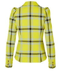 Pouf-Sleeve Blazer Plaid Print