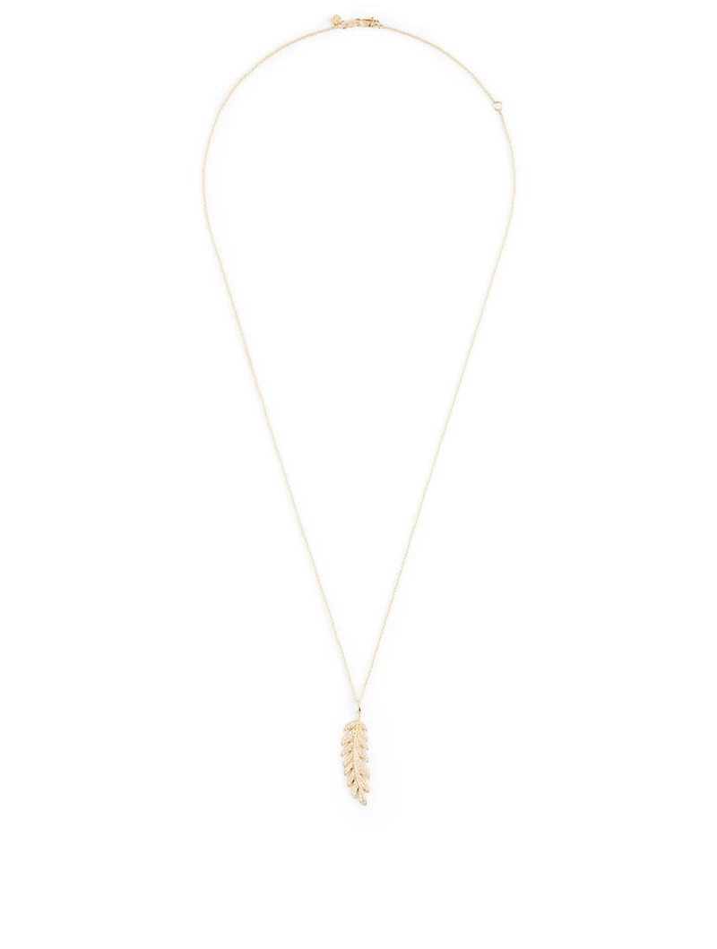 Large 14K Gold Feather Necklace With Diamonds