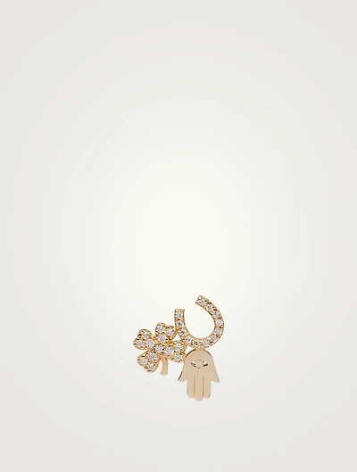 14K Gold Stud Luck And Protection Left Stud Earring With Diamonds