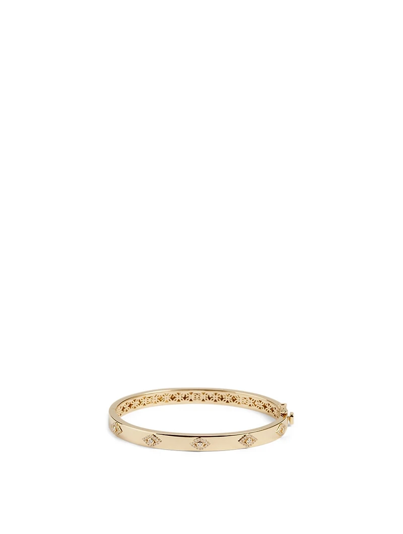 14K Gold Bangle Evil Eye Hinged Bangle Bracelet With Diamonds