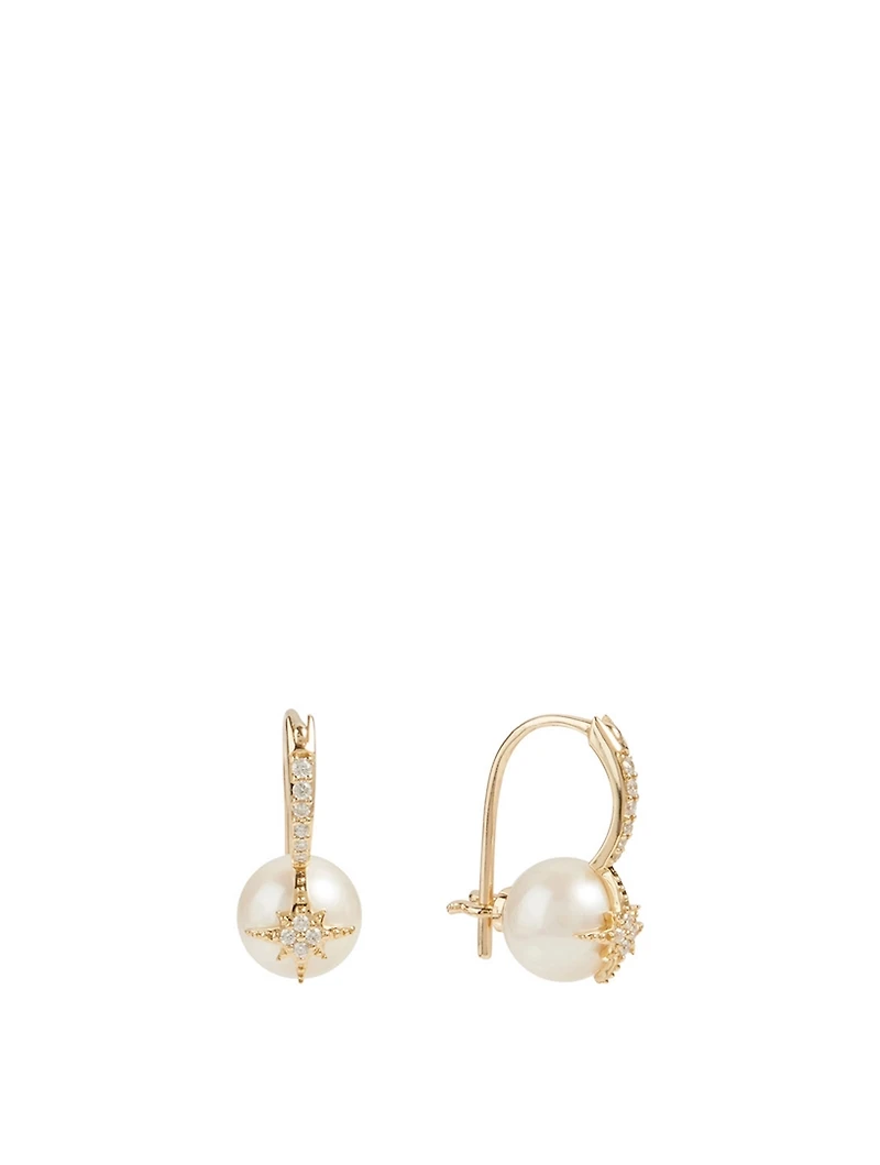 14K Gold Starburst Pearl Earrings With Diamonds