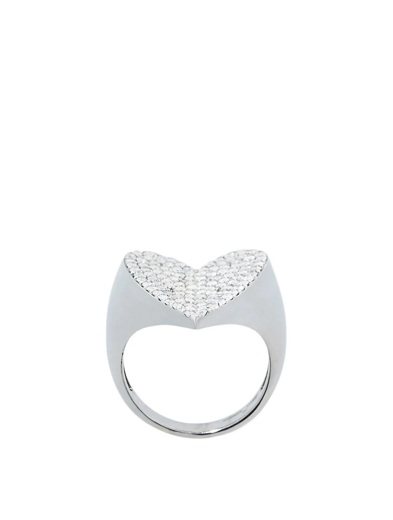 Silver Folded Heart Ring With Diamonds