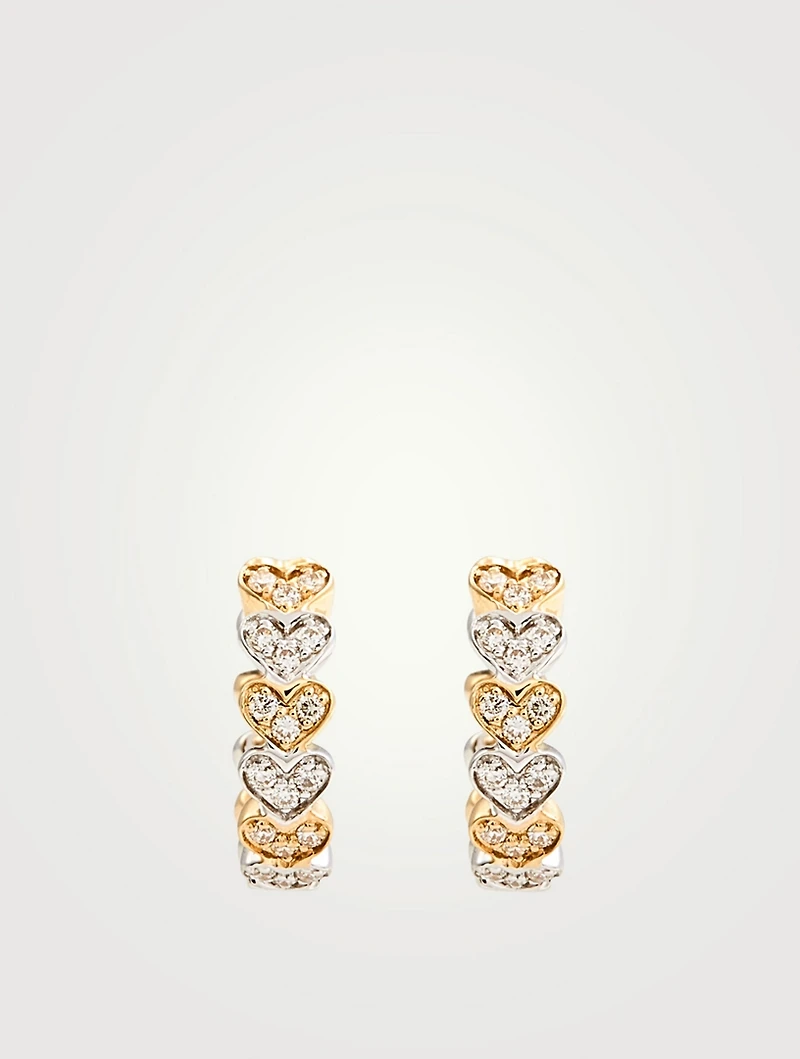Two-Tone 14K Gold Heart Huggie Hoop Earrings With Diamonds