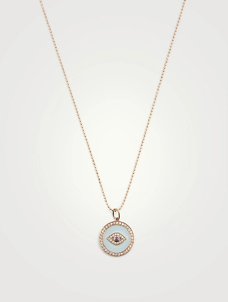 14K Rose Gold Evil Eye Medallion Necklace With Amethyst And Diamonds