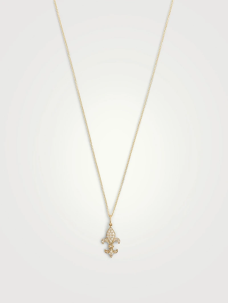 14K Gold Fleur De Lis Pendant Necklace With Diamonds