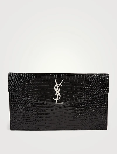 Medium Uptown YSL Monogram Croc-Embossed Leather Envelope Clutch Bag