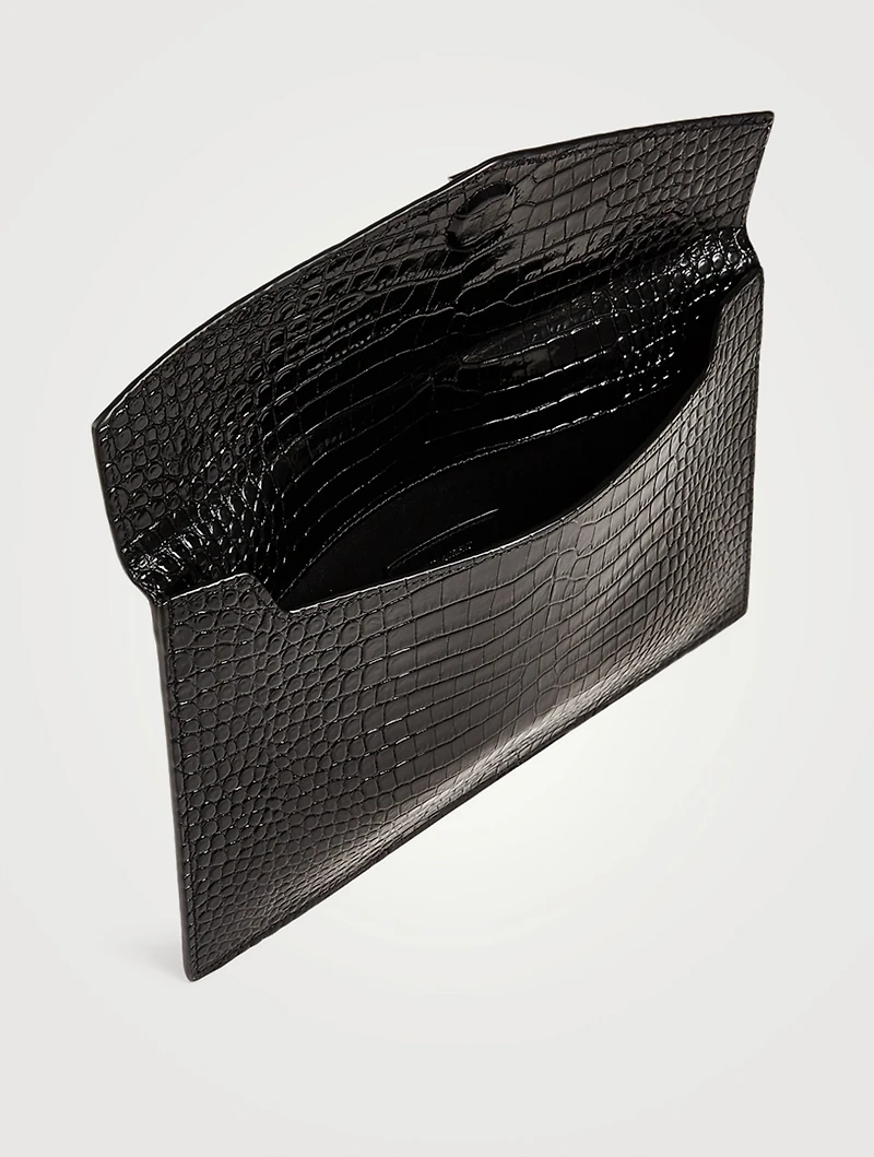 Medium Uptown YSL Monogram Croc-Embossed Leather Envelope Clutch Bag