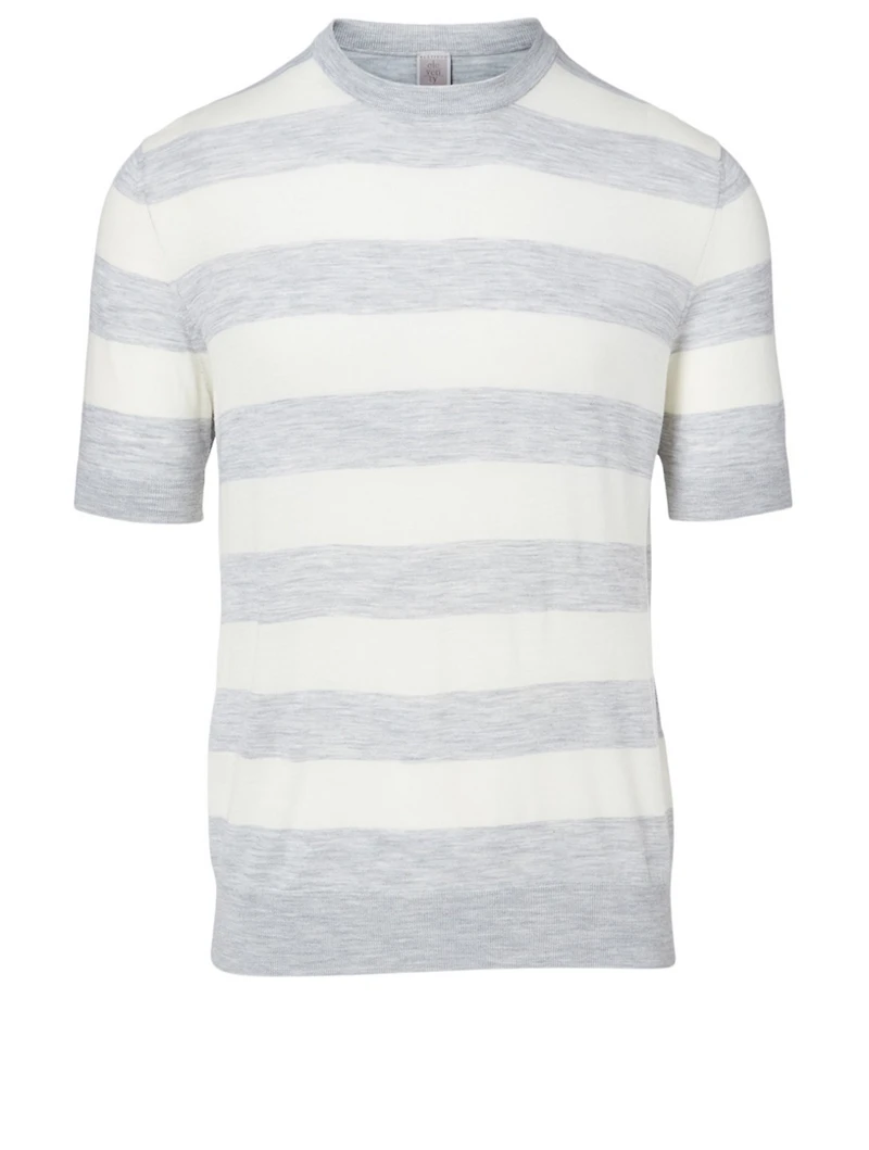 Wool Short-Sleeve Sweater Striped Print