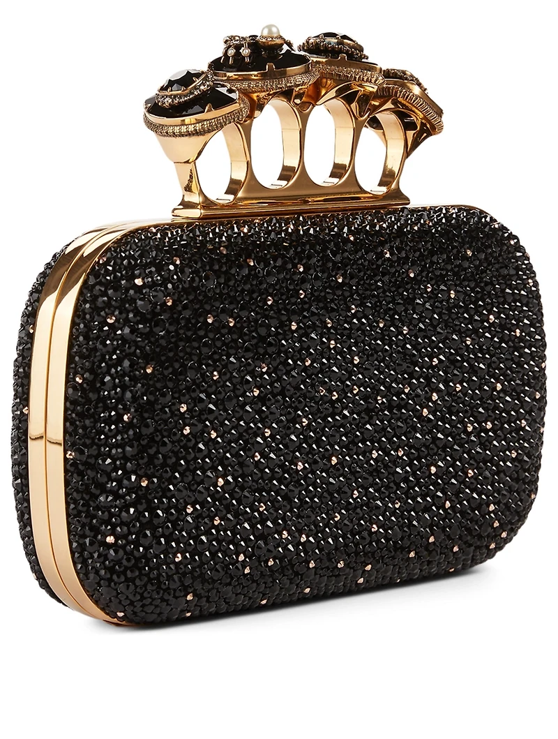 Four-Ring Leather Jewelled Box Clutch Bag With Crystals