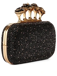 Four-Ring Leather Jewelled Box Clutch Bag With Crystals