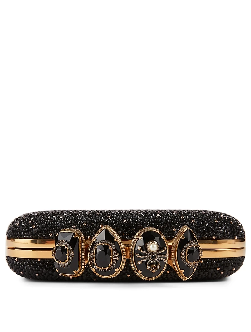 Four-Ring Leather Jewelled Box Clutch Bag With Crystals