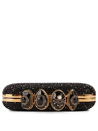 Four-Ring Leather Jewelled Box Clutch Bag With Crystals