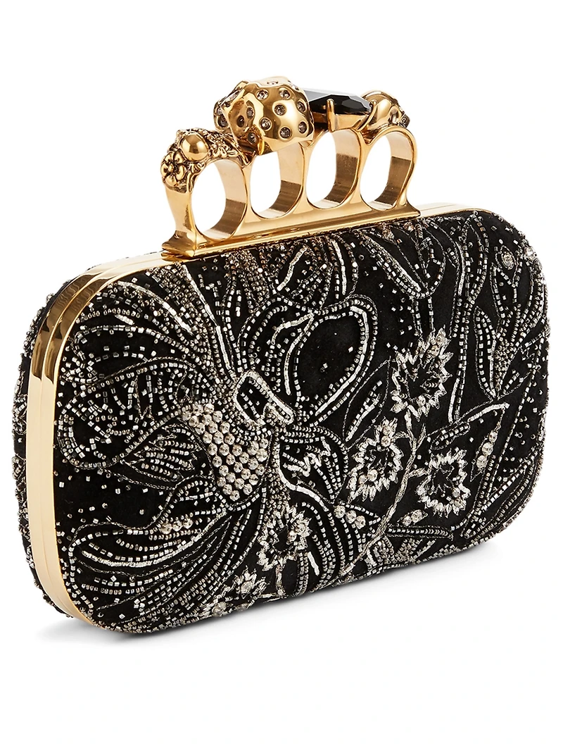 Four-Ring Suede Jewelled Box Clutch Bag