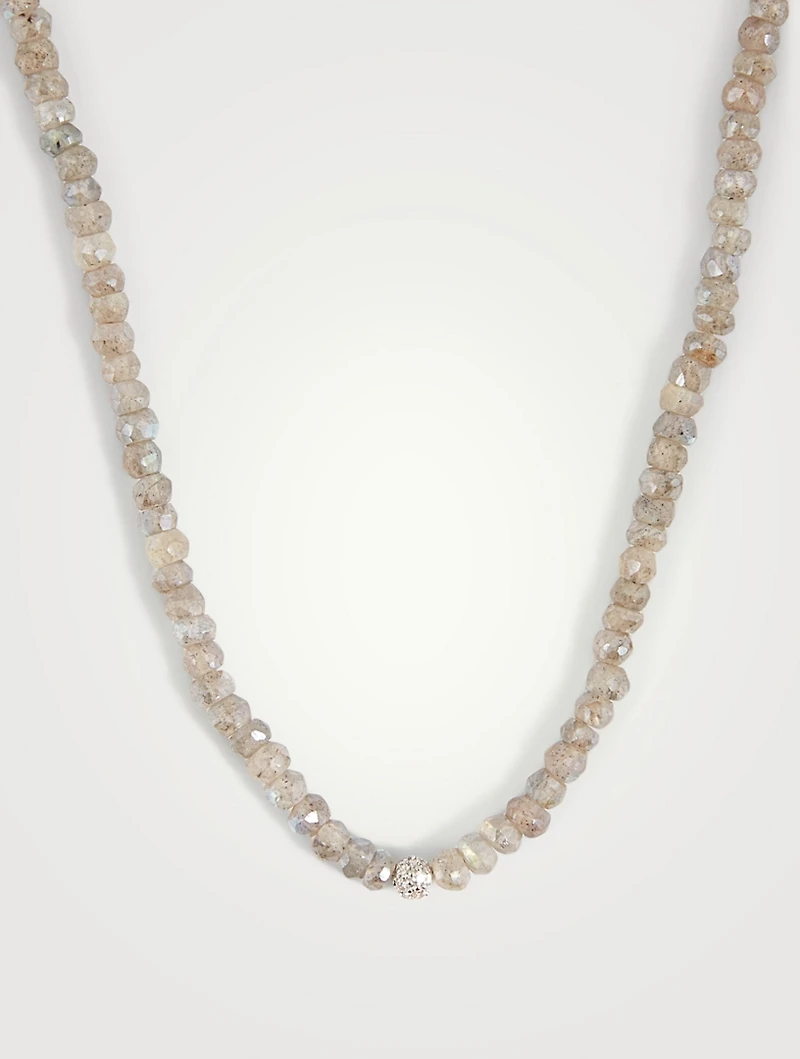 Labradorite Beaded Necklace With 14K White Gold Diamond Ball Charm