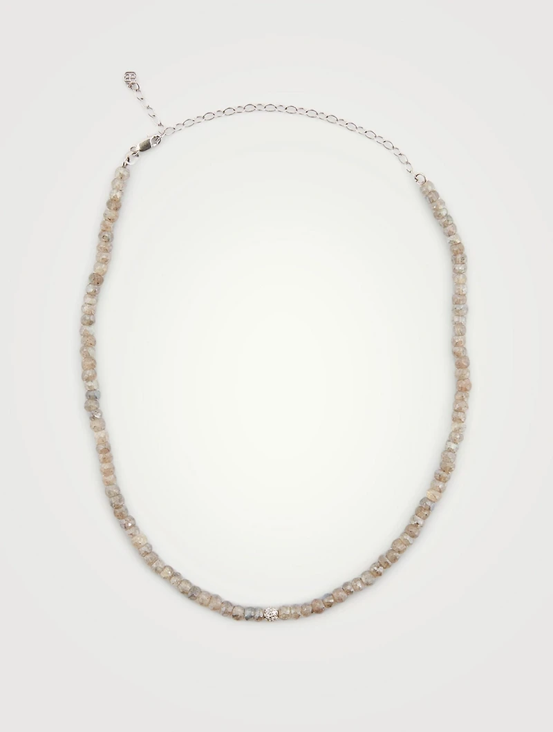 Labradorite Beaded Necklace With 14K White Gold Diamond Ball Charm