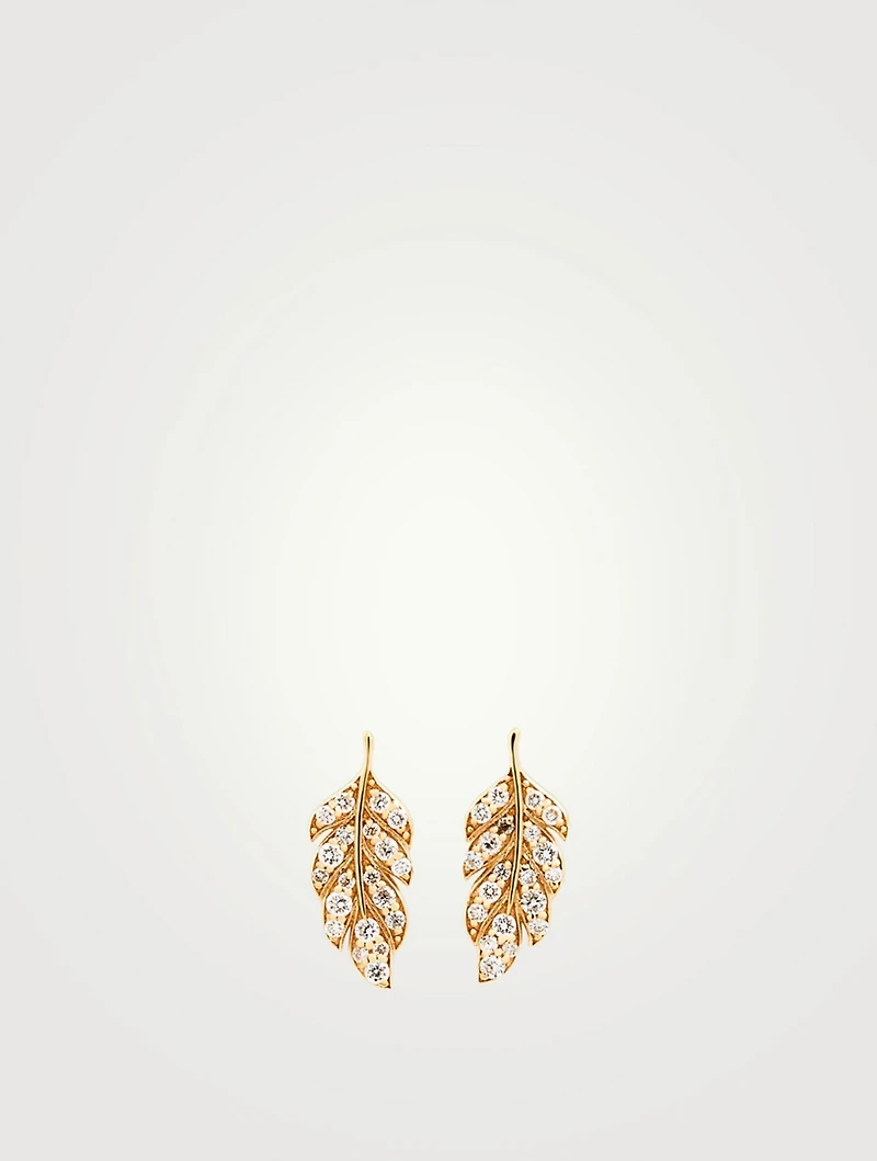 14K Gold Feather Earrings With Diamonds