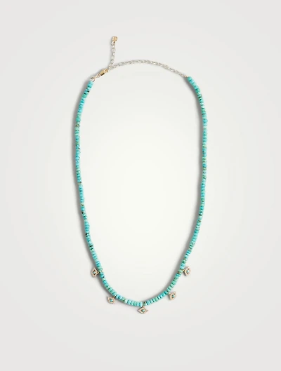 Tiny 14K Gold Bezel Evil Eye Charm Turquoise Beaded Necklace With Diamonds