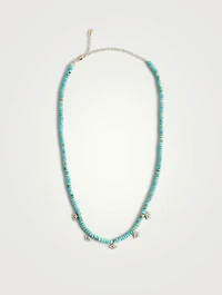 Tiny 14K Gold Bezel Evil Eye Charm Turquoise Beaded Necklace With Diamonds