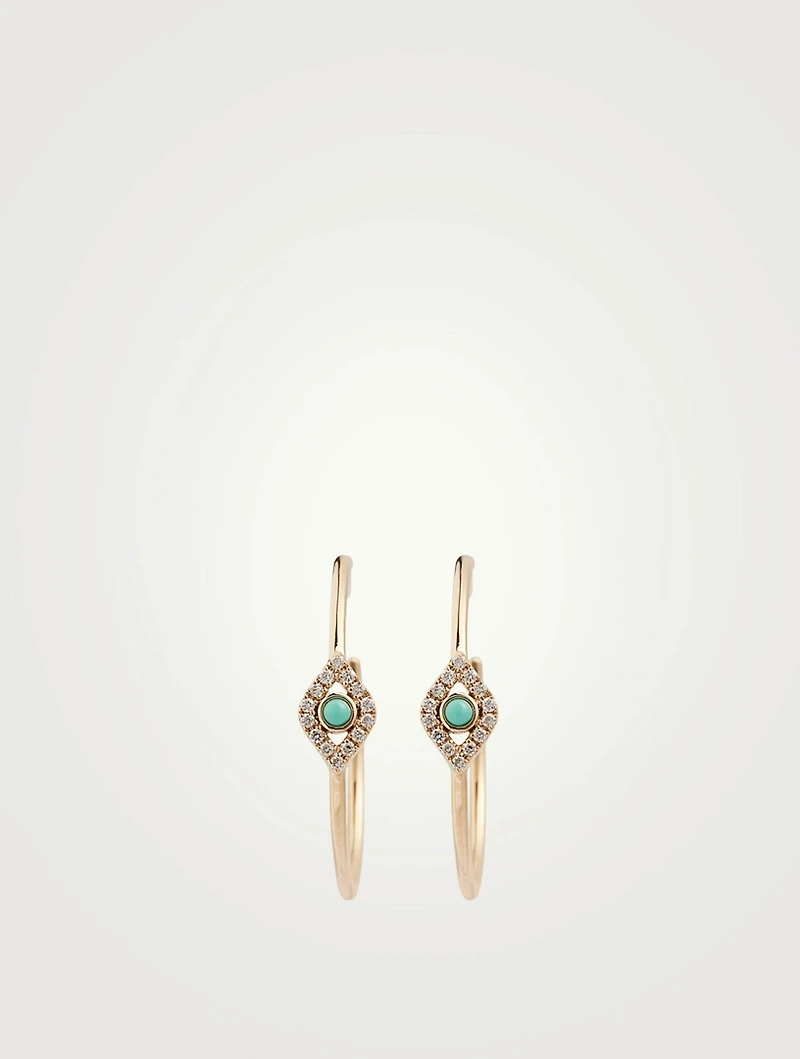 Medium 14K Gold Bezel Evil Eye Hoop Earrings With Turquoise And Diamonds