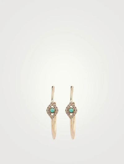 Medium 14K Gold Bezel Evil Eye Hoop Earrings With Turquoise And Diamonds